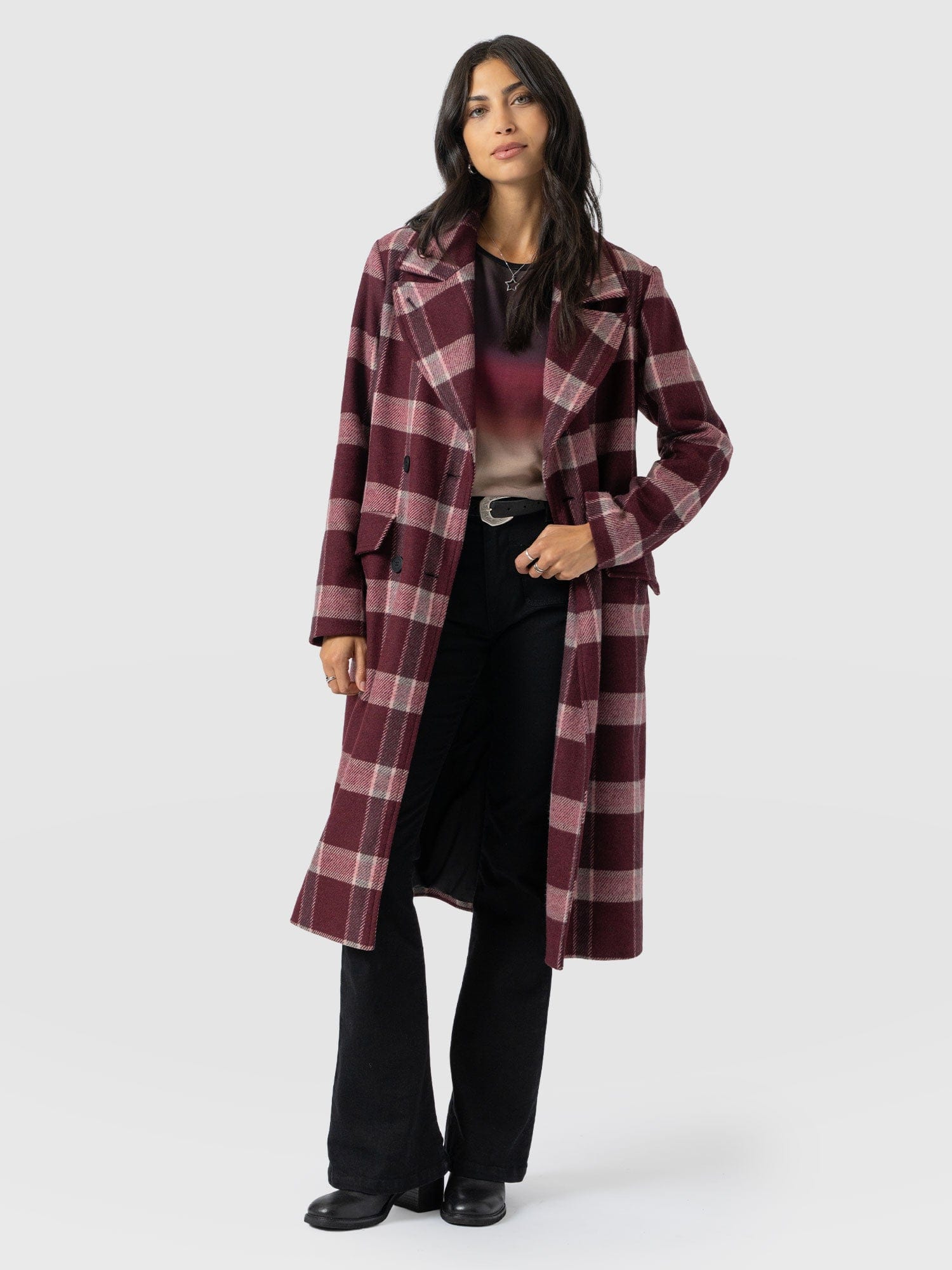Hampton Coat - Burgundy/Pink Check - Women's Outerwears | Saint + Sofia® EU